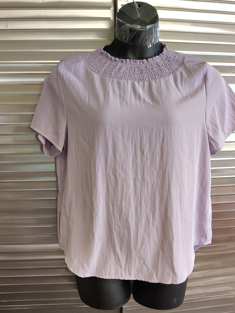 Source Unknown Light Lavender Smocked-Neck Short Sleeve Blouse